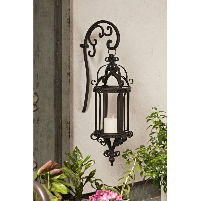 Darby Home Co Hattie Wrought Iron and Glass Hanging Wall Lantern